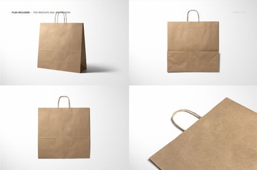 Kraft shopping paper bag mockup set featuring four views of a plain brown paper bag with handles on white background.