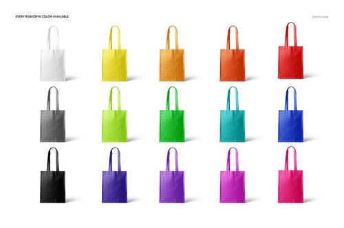 PSD mockup set featuring multiple woven tote bags in different colors, neatly organized in a grid layout on white.