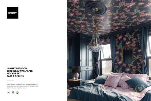 PSD mockup of a stylish bedroom with dark blue walls, floral ceiling and wallpaper, pastel bedding, and natural light.