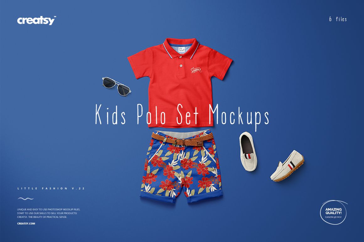 Kids polo set mockup featuring a red short-sleeve polo shirt, floral shorts, loafers, and sunglasses on a blue background.