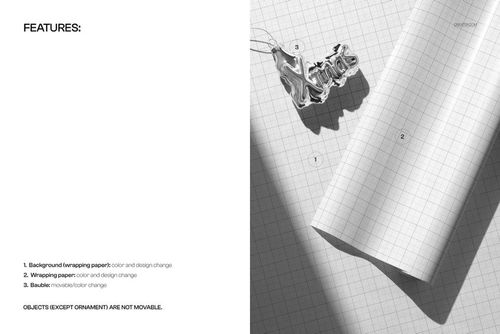 Wrapping paper mockup featuring a grid design and a shiny Christmas ornament placed beside it, top perspective.