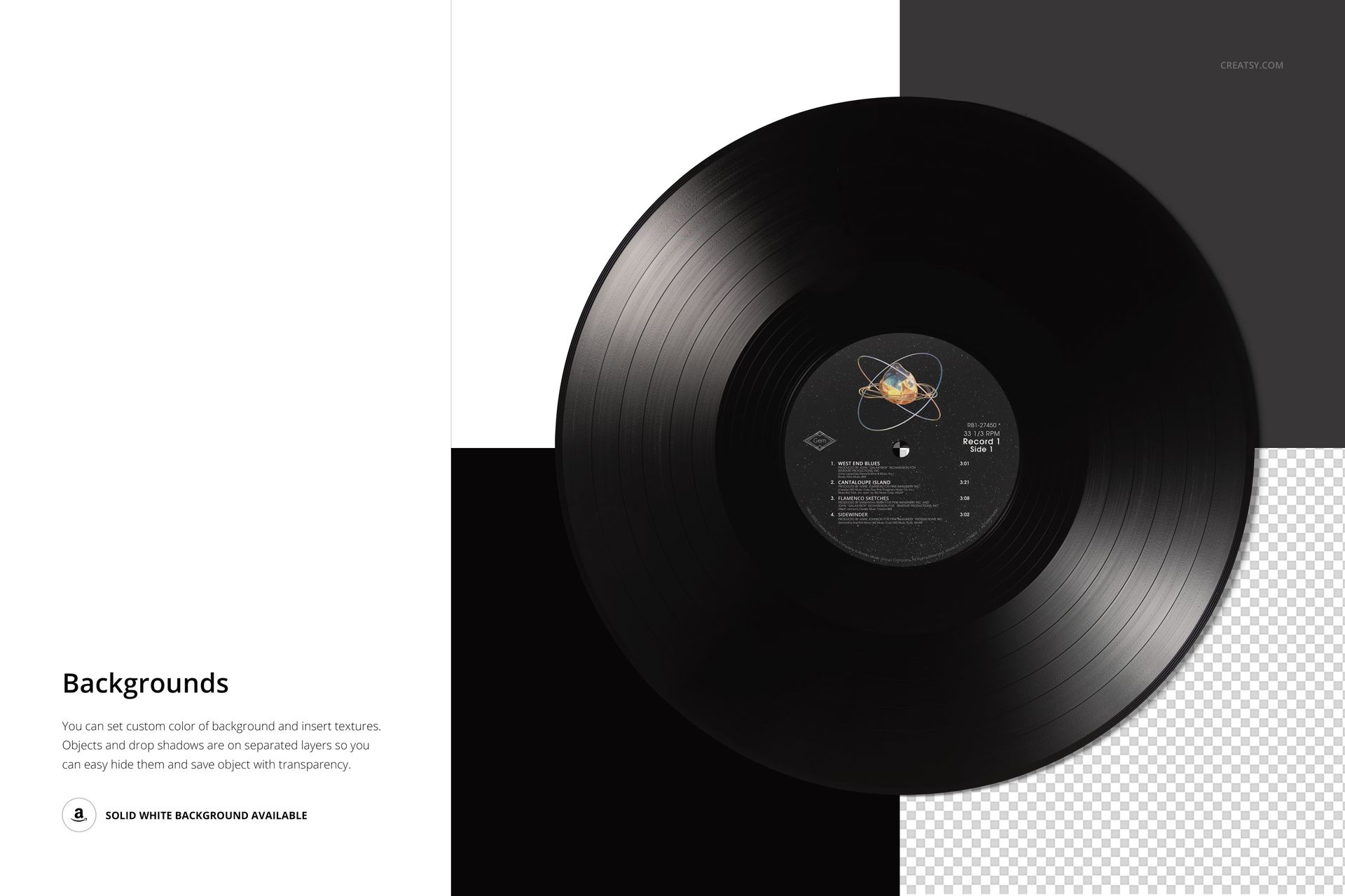 Black vinyl record mockup shown from above, featuring a detailed label and geometric background sections.