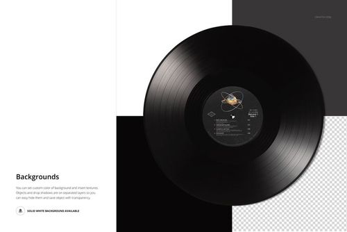 Black vinyl record mockup shown from above, featuring a detailed label and geometric background sections.