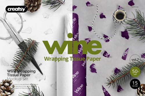 Wine wrapping tissue paper mockup set showing two sheets in white and purple, decorated with pine branches and cones.