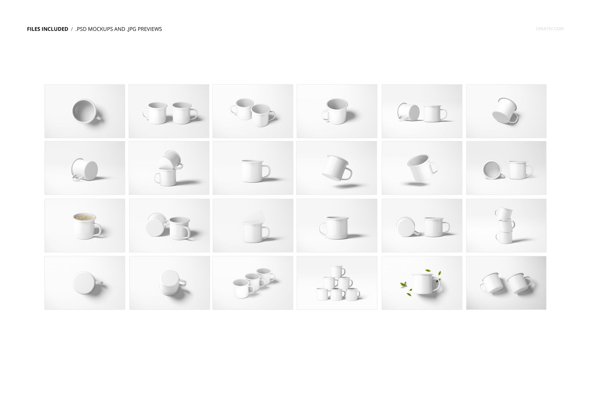 Set of white enamel mugs displayed in various angles and positions on a plain white background, PSD mockup collection.