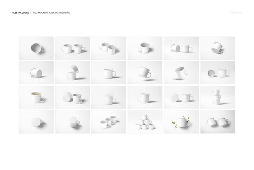 Set of white enamel mugs displayed in various angles and positions on a plain white background, PSD mockup collection.