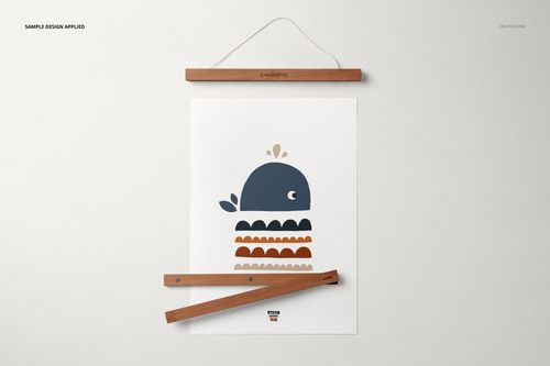 A3 poster mockup featuring a simple whale graphic, displayed with top and bottom wooden hangers on a white surface.