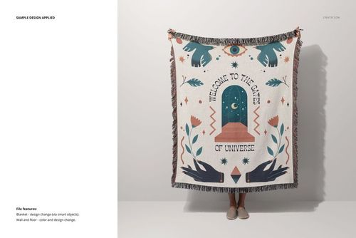Fringed woven throw blanket mockup with a colorful geometric and floral pattern, held up against a neutral wall.