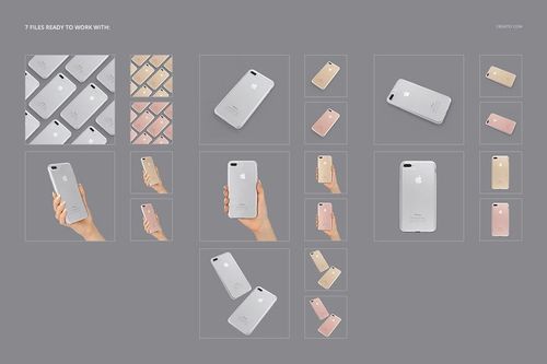 Multiple iPhone 7 Plus clear case mockups displayed on a gray background, showing front and back views and hand-held perspectives.