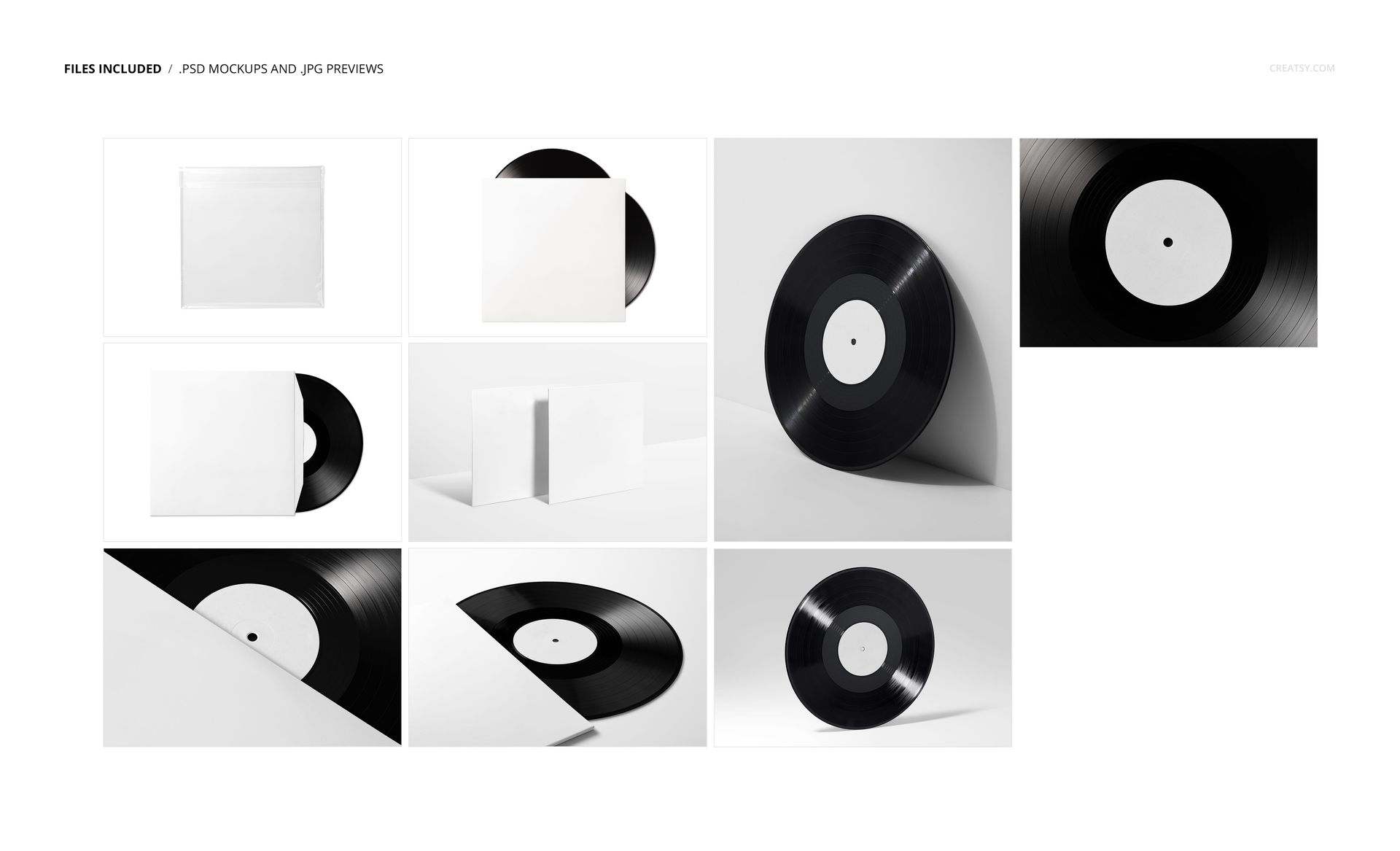 Black vinyl record and white album cover mockup set displayed from various angles on a plain background.