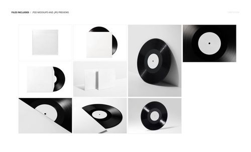 Black vinyl record and white album cover mockup set displayed from various angles on a plain background.