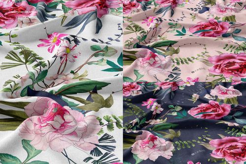 Close-up of cotton fabric mockup with floral patterns in pink, green, and white, showing realistic texture.