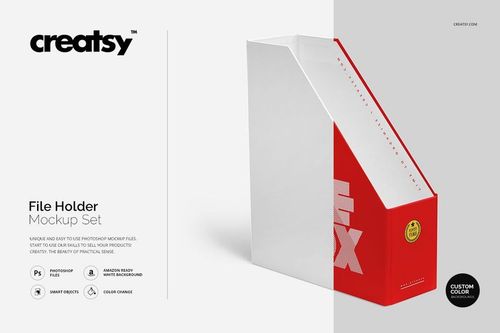 File holder mockup in red and white, angled to show the side and front, with editable design elements and clean background.