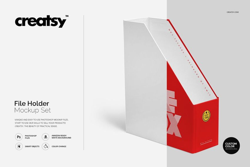 File holder mockup in red and white, angled to show the side and front, with editable design elements and clean background.