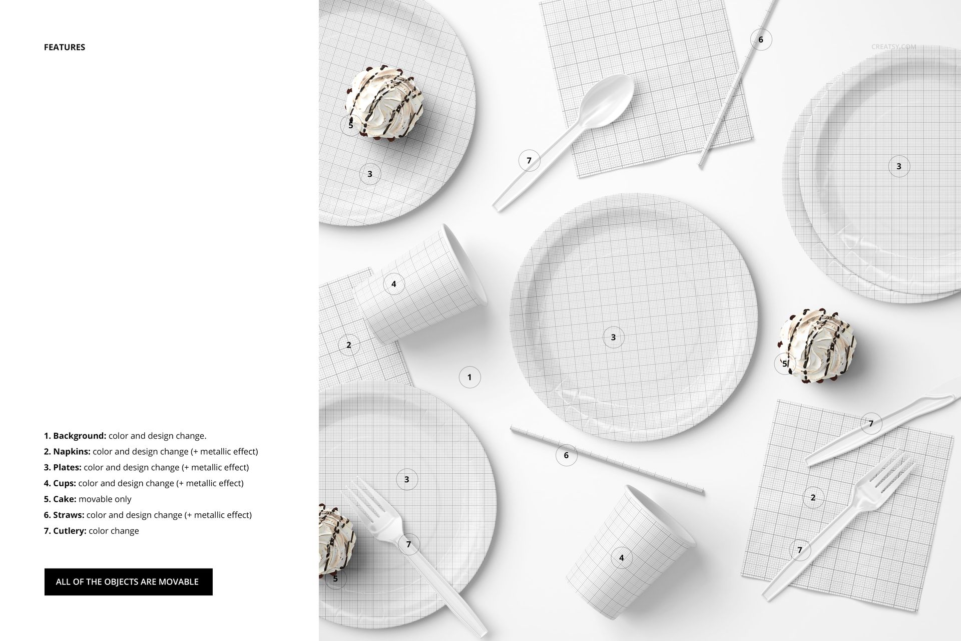 Disposable paper tableware set mockup showing plates, cups, napkins, and cutlery with a grid pattern, top view.