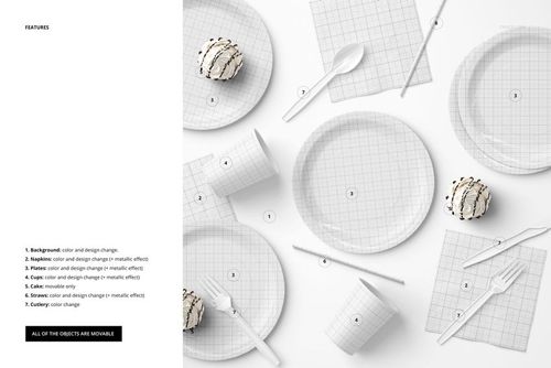 Disposable paper tableware set mockup showing plates, cups, napkins, and cutlery with a grid pattern, top view.
