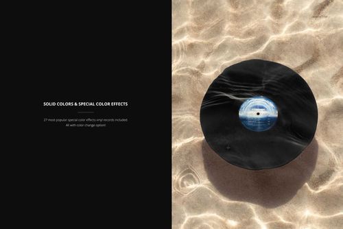 PSD mockup of a round black vinyl record on a sunlit sandy floor underwater, with wavy shadows and highlights.