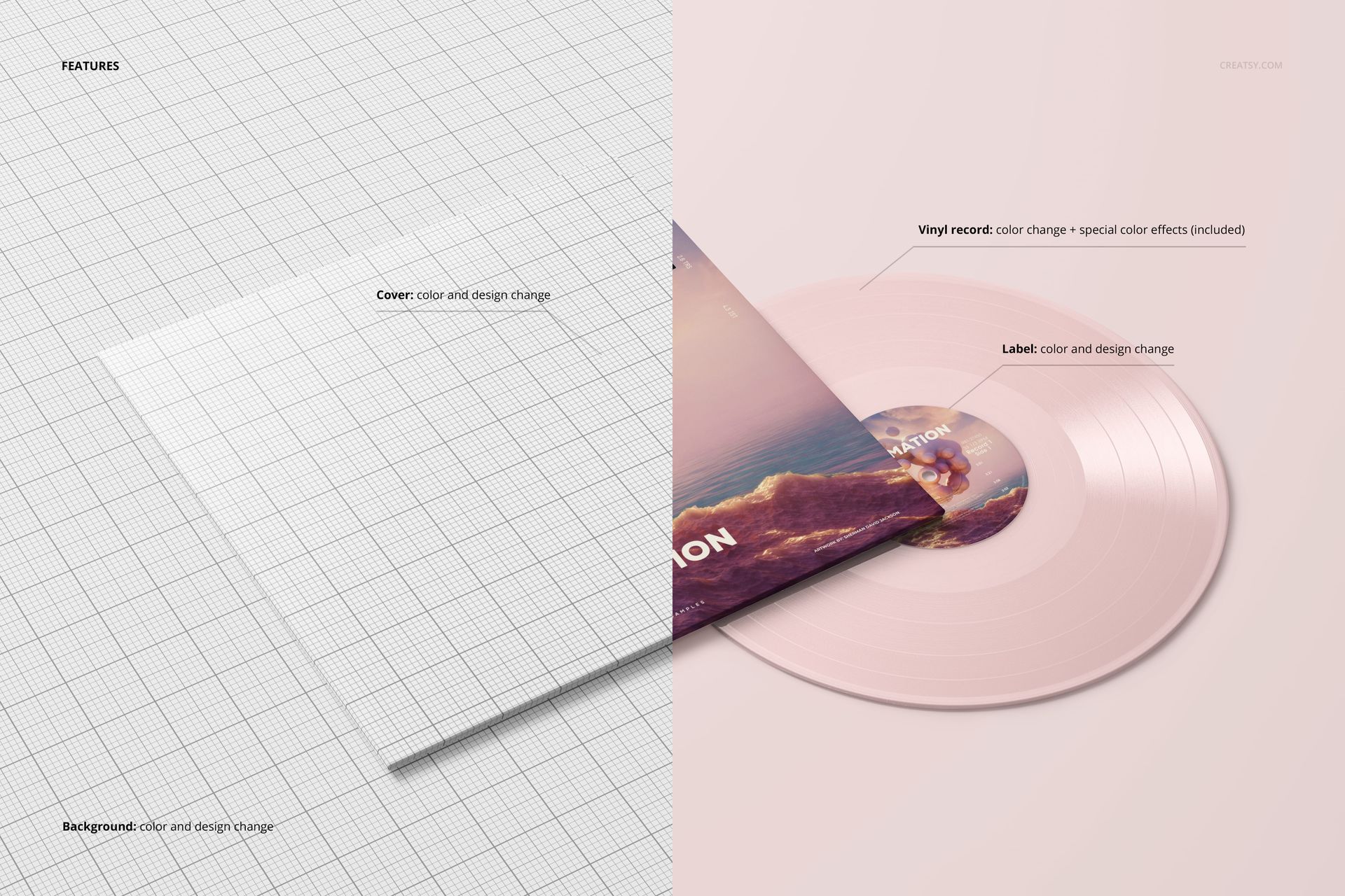 LP vinyl record and album cover mockup shown from a top view, with a pink record and partially visible cover design.