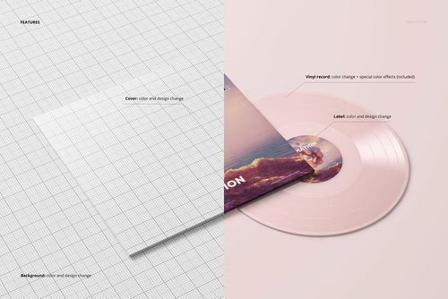 LP vinyl record and album cover mockup shown from a top view, with a pink record and partially visible cover design.