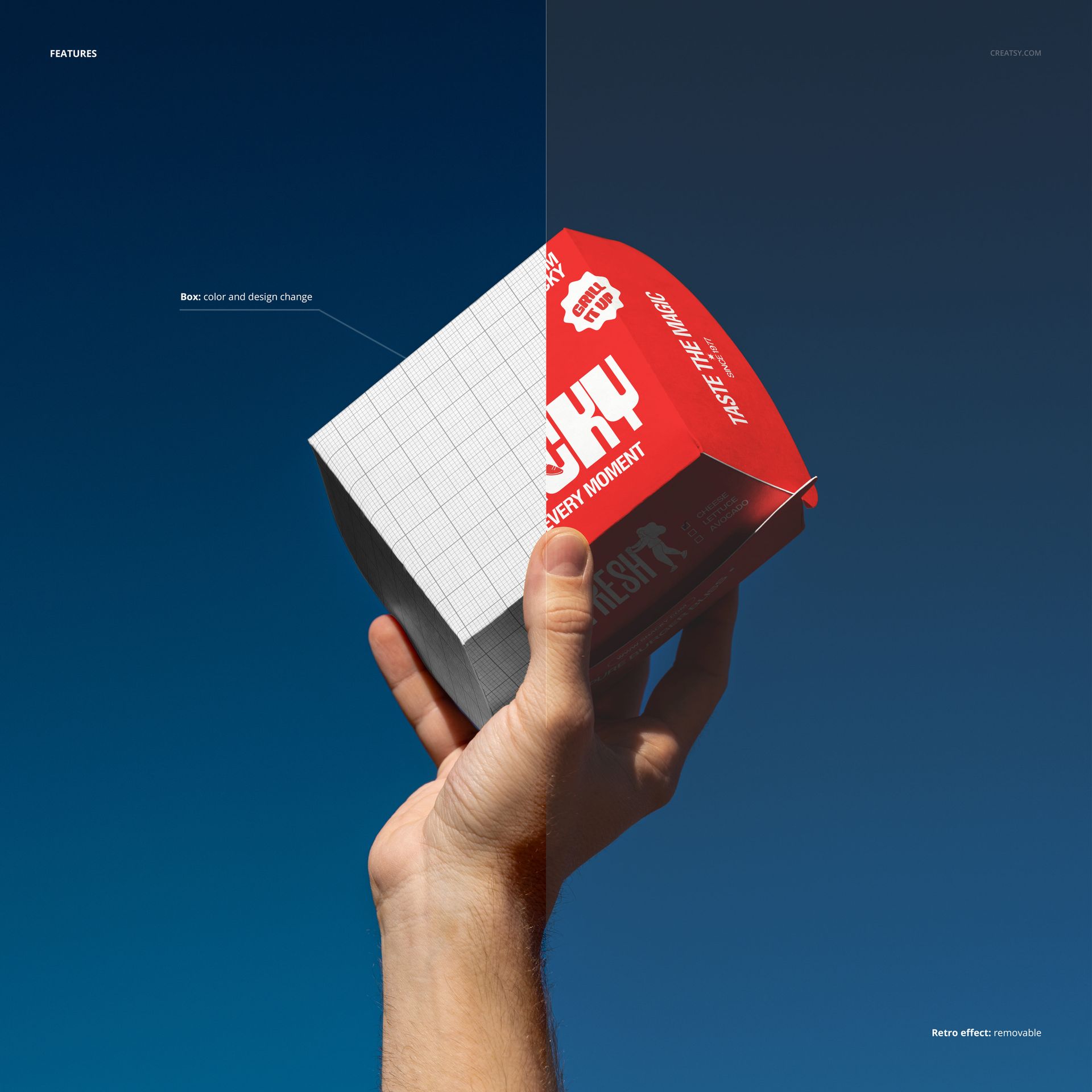 Hand holding a burger box mockup against a blue gradient background, showing half red design and half grid template.