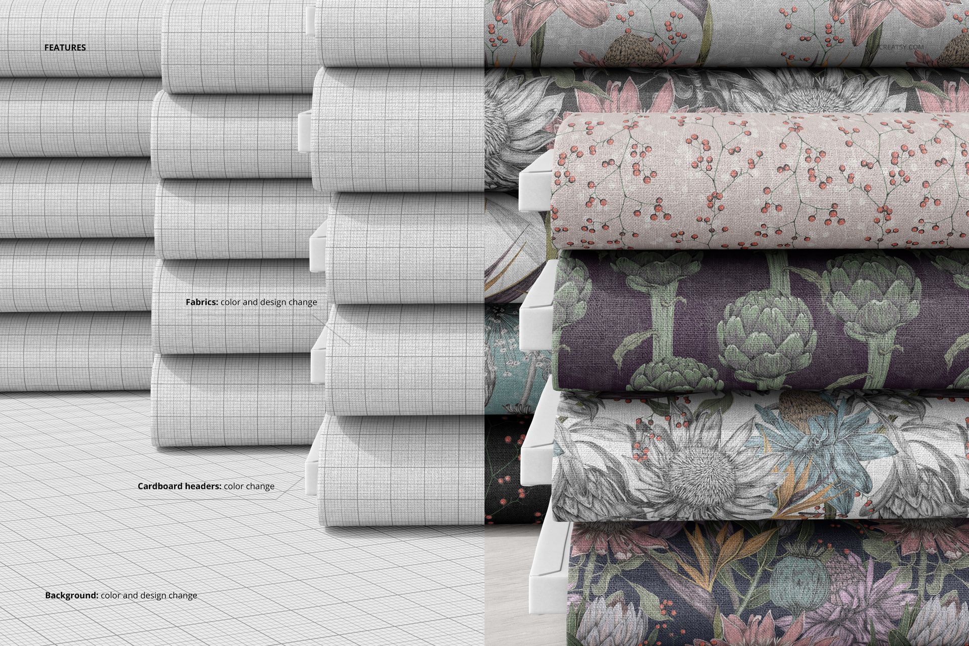 Stacked fabric bolts mockup featuring various floral and geometric patterns, shown from a front angle on a white surface.