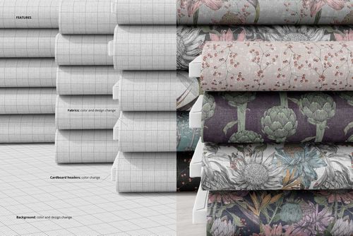 Stacked fabric bolts mockup featuring various floral and geometric patterns, shown from a front angle on a white surface.