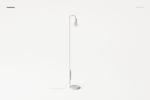 Industrial style floor lamp with a curved metal stand and exposed bulb, shown in wireframe on a white background.