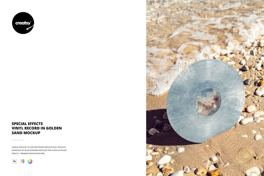 PSD mockup showing a marbled vinyl record on golden sand, surrounded by seashells and foamy shoreline, top perspective.