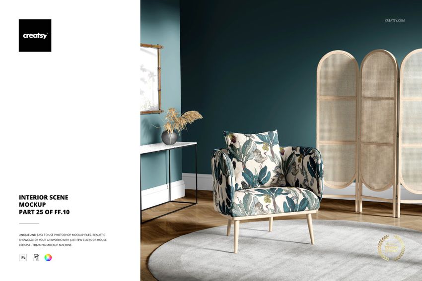PSD mockup showing a stylish armchair with leaf pattern, wooden divider, and console table against teal wall.