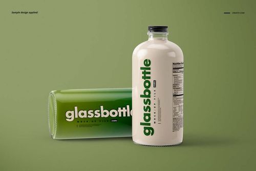 Glass bottle mockup set featuring a vertical bottle with a white label and a horizontal bottle with a green label.