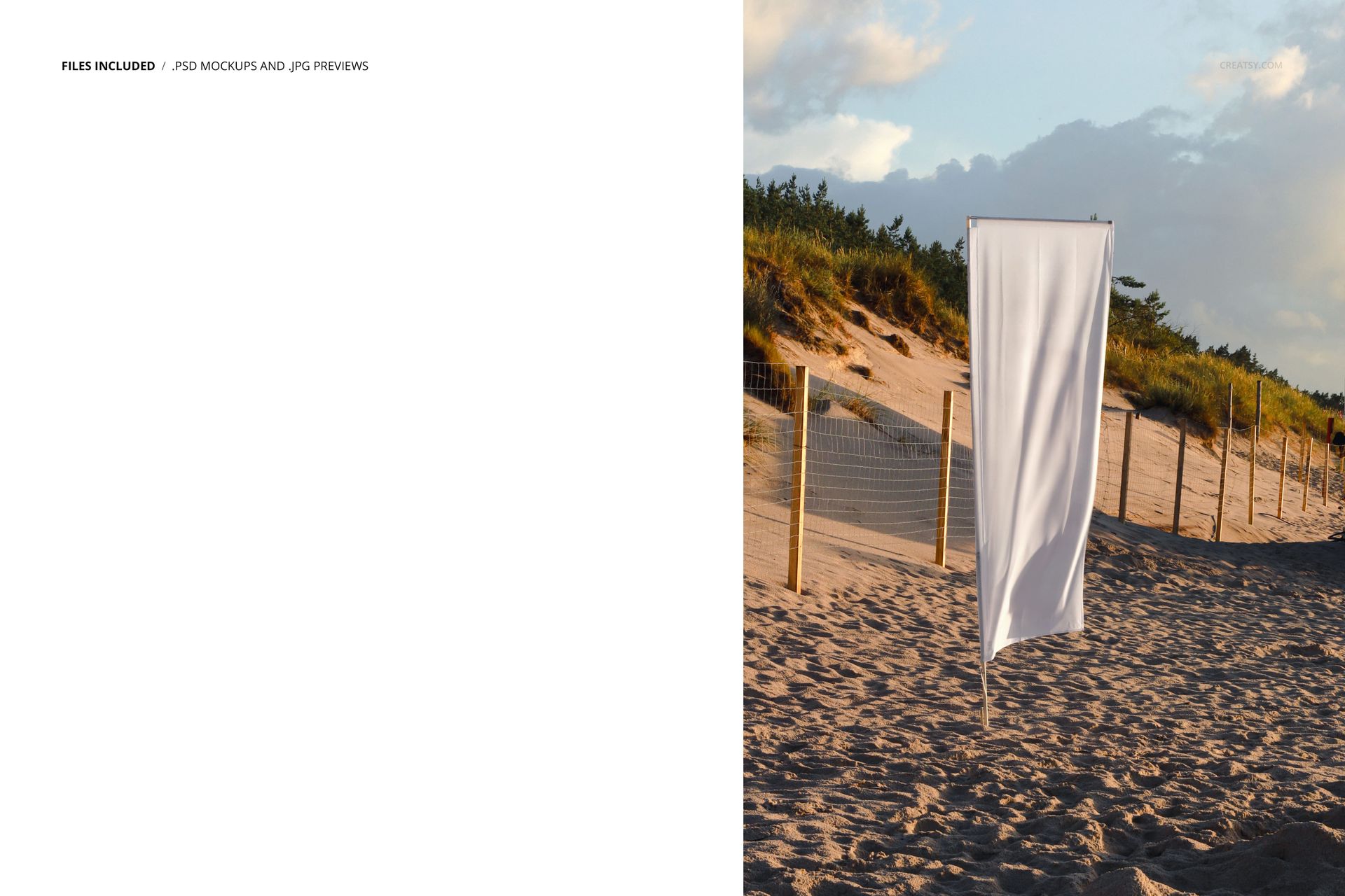 Rectangular outdoor advertising flag mockup displayed on sand with grassy dunes and warm evening sky in the background.