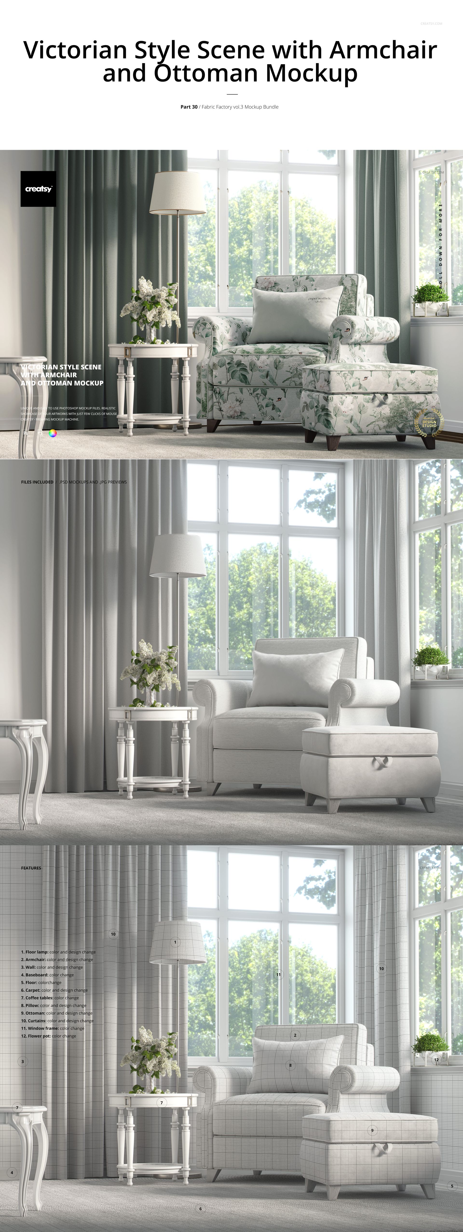 PSD mockup featuring an upholstered armchair and ottoman with floral patterns, placed near windows and side tables.