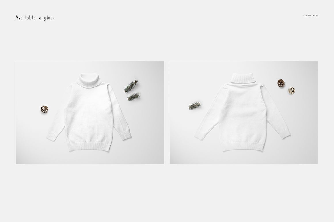 White kids turtleneck sweater mockup displayed flat on a light surface, shown from front and back angles with pine cones.