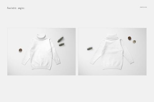 White kids turtleneck sweater mockup displayed flat on a light surface, shown from front and back angles with pine cones.