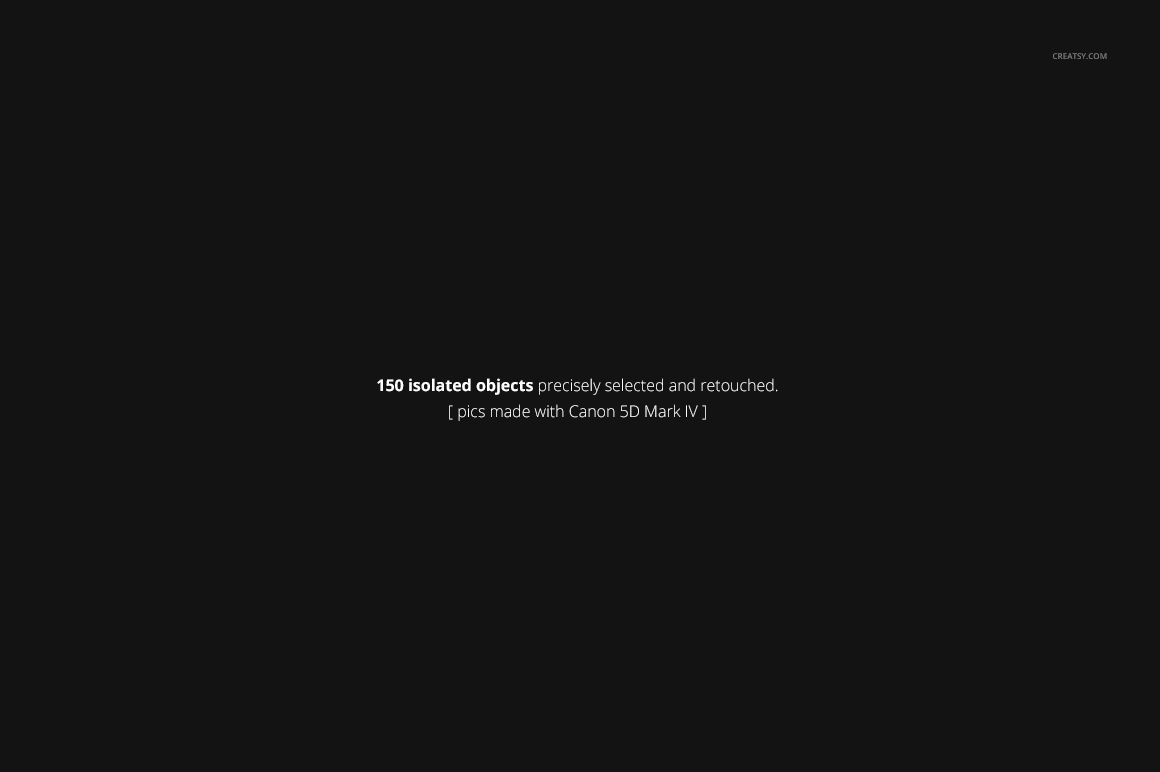 Centered white text on a plain black background, describing a bundle of 150 isolated shells and marine objects.