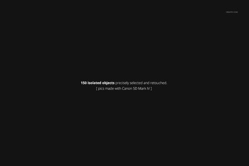 Centered white text on a plain black background, describing a bundle of 150 isolated shells and marine objects.