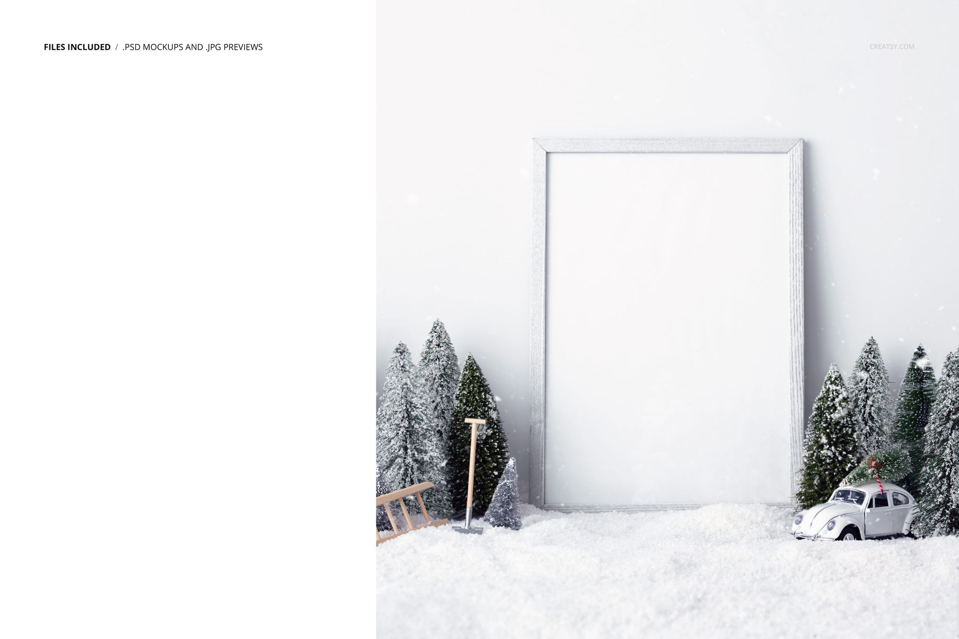 White wooden picture frame mockup standing in snowy scene with pine trees, toy car, and miniature shovel.