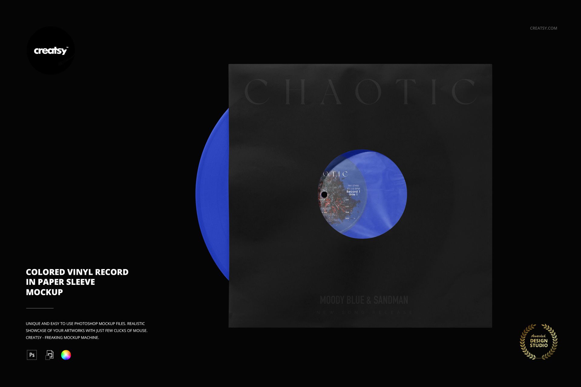 Blue vinyl record in a black paper sleeve mockup, displayed from above with part of the record exposed.