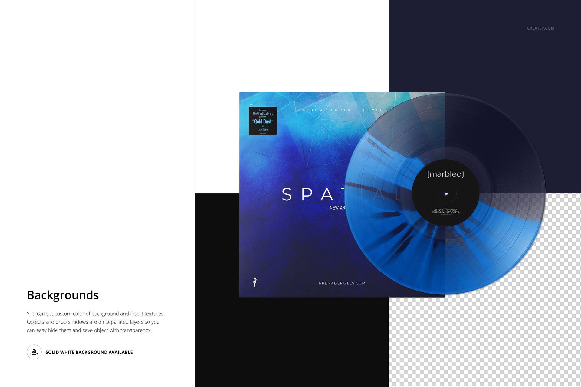 Front view of a marbled effect vinyl record and cover mockup, featuring blue tones and geometric background sections.