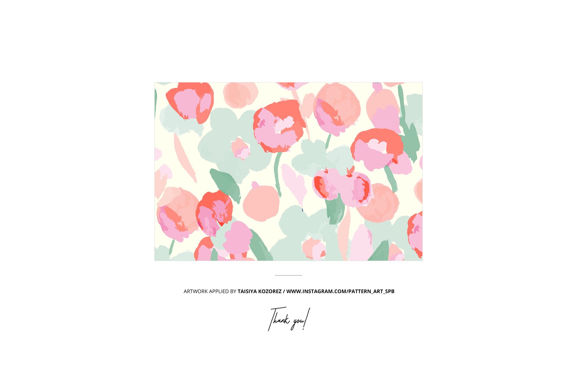 Rectangular cotton fabric mockup featuring a closeup of a floral pattern in pink, green, and cream colors.