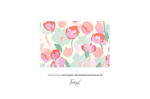 Rectangular cotton fabric mockup featuring a closeup of a floral pattern in pink, green, and cream colors.