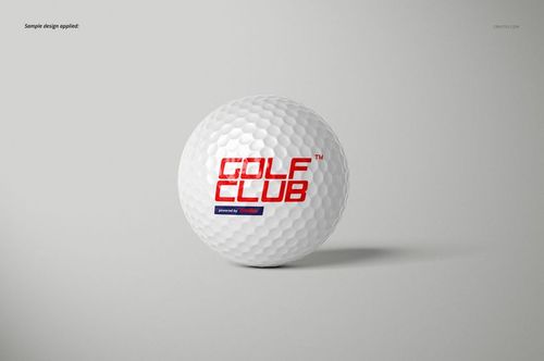 White golf ball with a red and blue logo, displayed on a light gray background in a front-facing mockup scene.