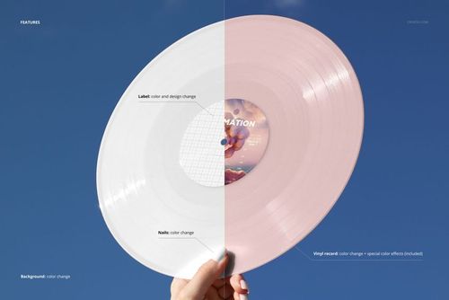 PSD mockup of a vinyl record in hand, featuring customizable label and color split, with sky backdrop.
