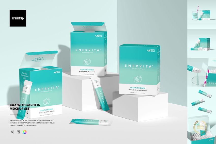 Packaging mockup featuring three teal and white boxes with sachets displayed on white platforms in a bright setting.