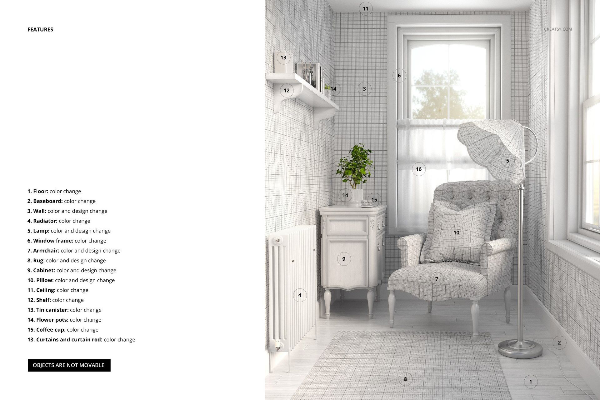 Vintage armchair with striped upholstery in a bright reading corner, fluted lampshade, and patterned rug mockup.