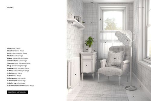 Vintage armchair with striped upholstery in a bright reading corner, fluted lampshade, and patterned rug mockup.