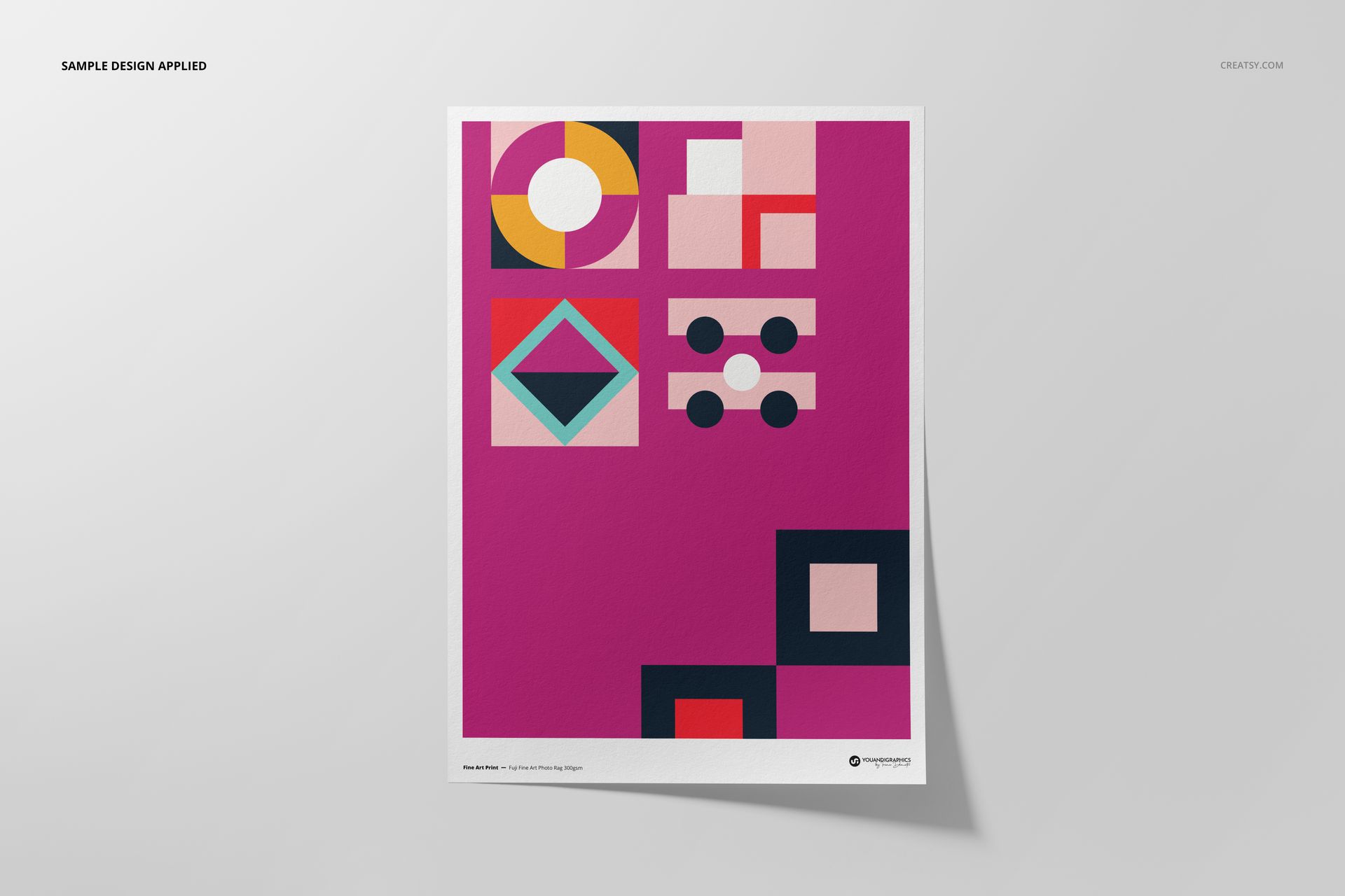 A3 fine art print mockup featuring a geometric abstract design with bold pink, orange, and black shapes on white paper.