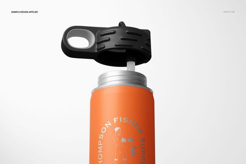 Close-up of a powder coated orange water bottle mockup with a partially unscrewed black lid and minimal white background.
