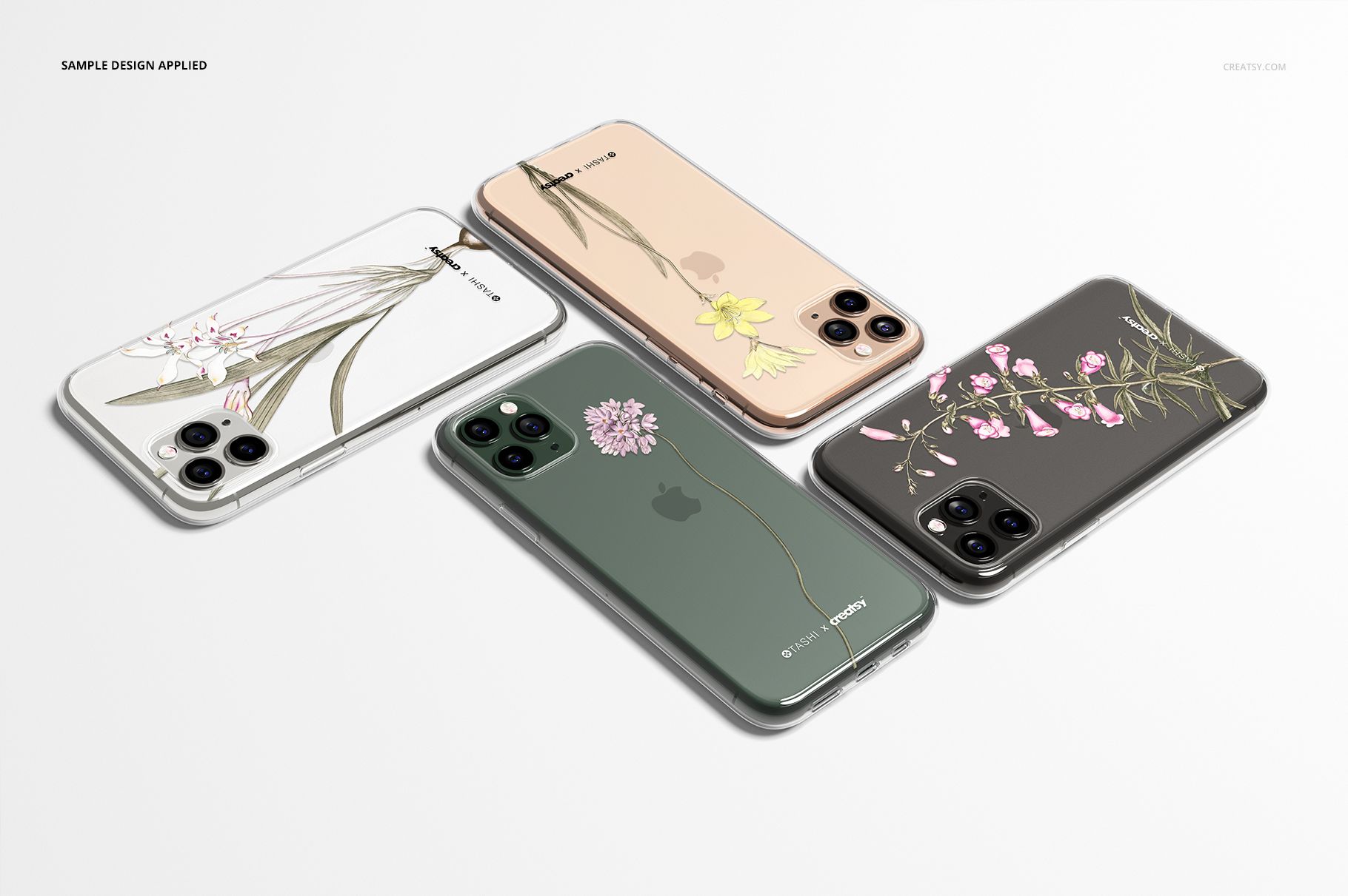 Set of iPhone 11 Pro clear case mockups featuring floral patterns in green, beige, and gray colors, top view.
