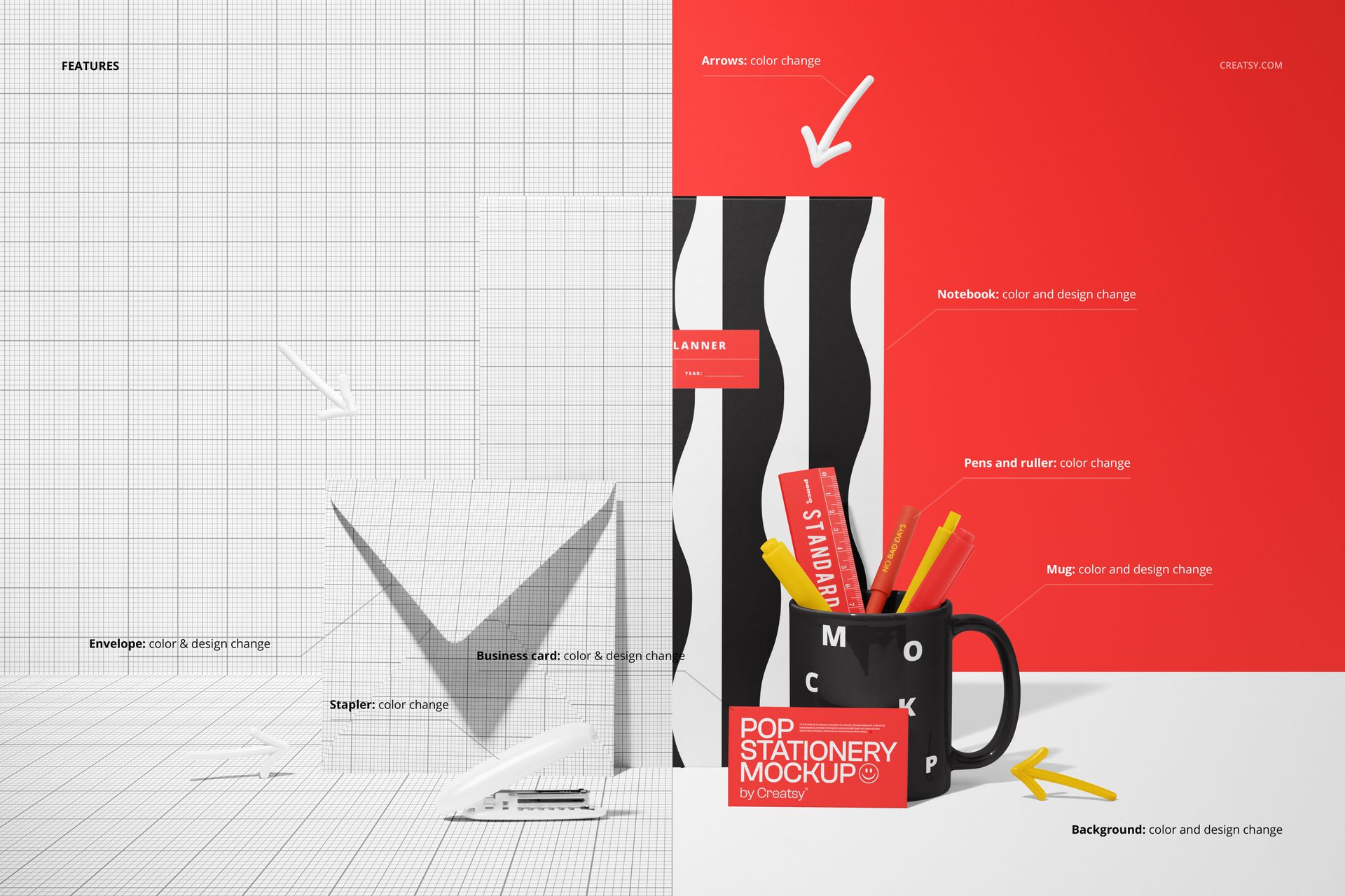 Stationery mockup featuring a notebook, envelope, mug, business card, pens, and ruler on a desk, shown from a front angle.